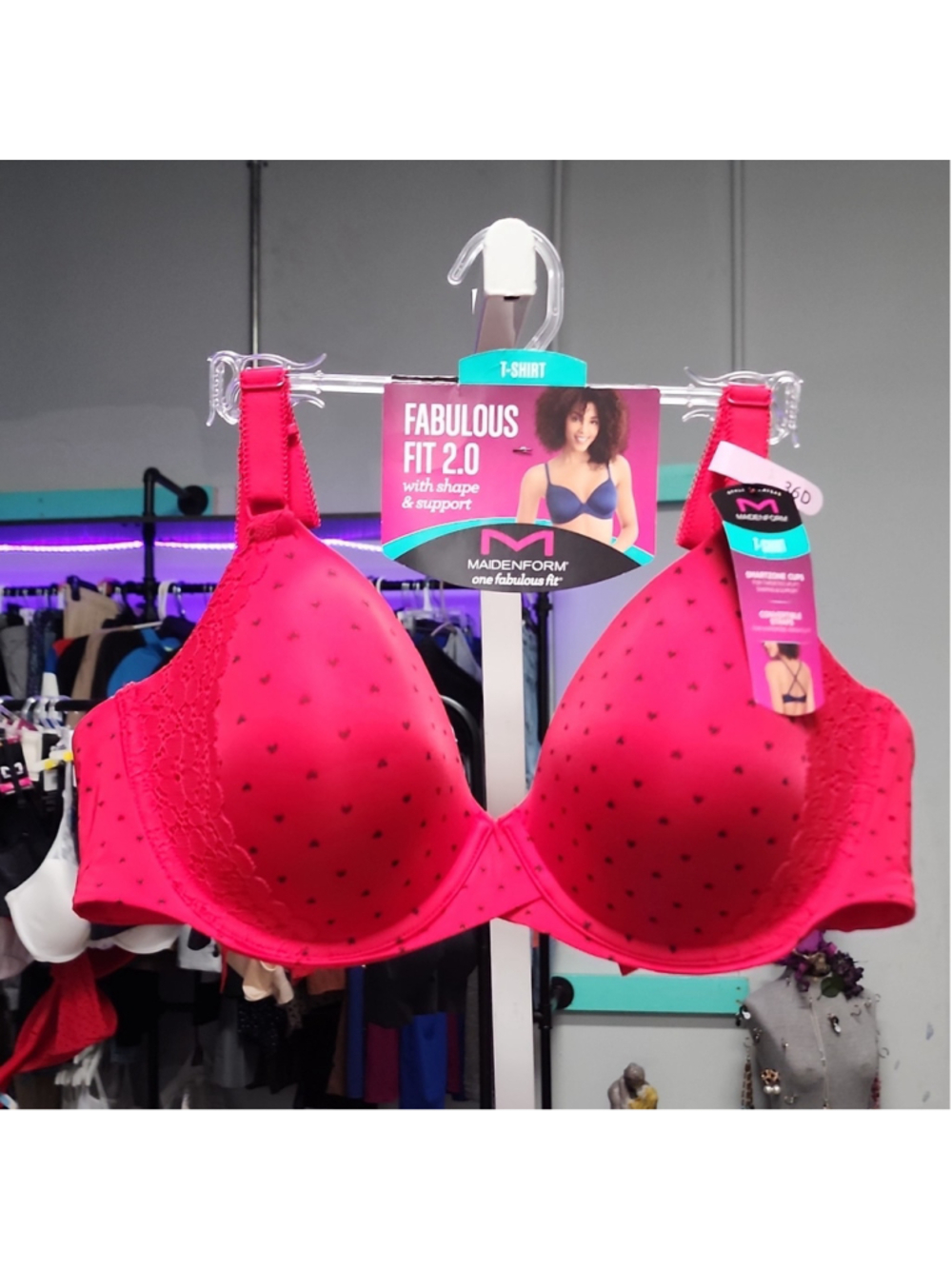 Maidenform Fabulous Fit 2.0 T-Shirt Bra 36D Pink Black Heart Lace Underwire